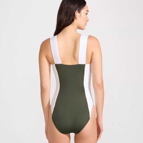 NWT Lands' End Square Neck High Leg Olive Green and White One Piece Swimsuit 10L - Picture 2 of 11
